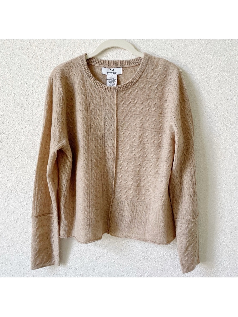 Magaschoni 100% Cashmere Cable Knit Sweater Sz Large Dune Heather Luxury Neutral